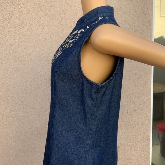 Forenza Denim Gold Embroidery V Neck Collar Zipper Woman’s Size 12 Dress India - Picture 4 of 6